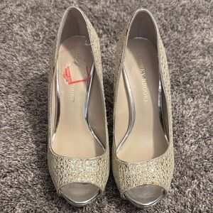 Women's Cream and Gold Peep Toe with Silver Heels